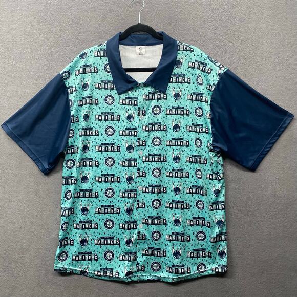 Seattle Mariners Button Down Short Sleeve Bowling Day Promo Shirt Mens XL Blue - Picture 1 of 11